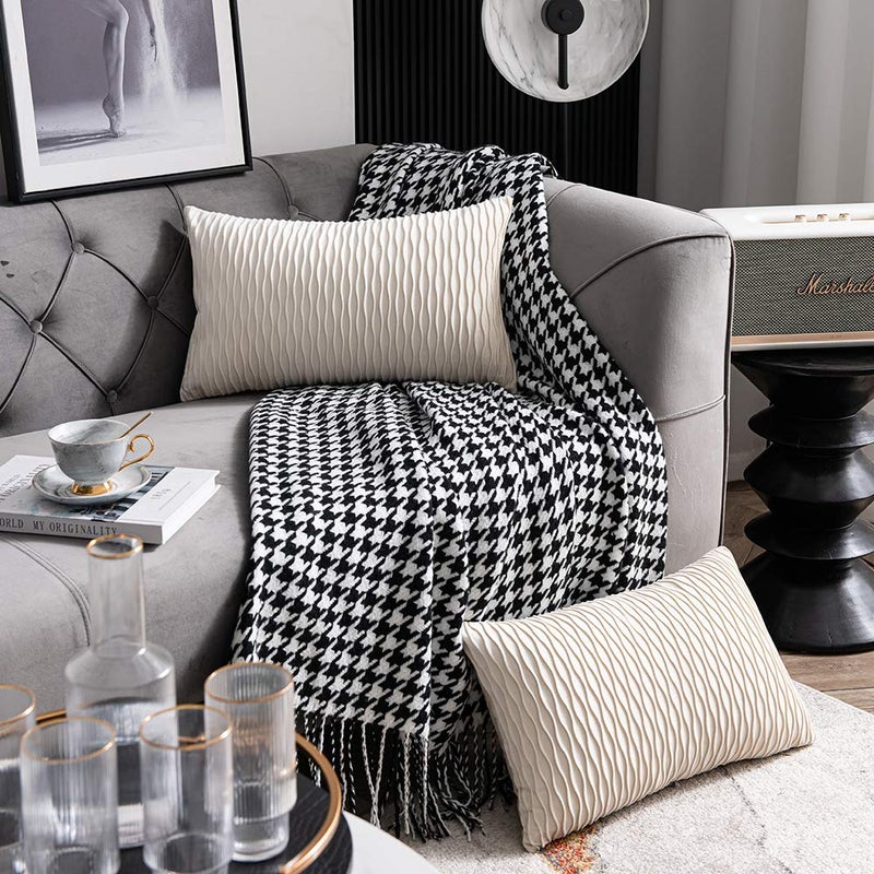 DEZENE Ivory White Couch Pillow Covers: 2 Pack 12x20 Inch Original Striped Velvet Rectangular Throw Pillow Cases for Farmhouse Home Decor - Image 3